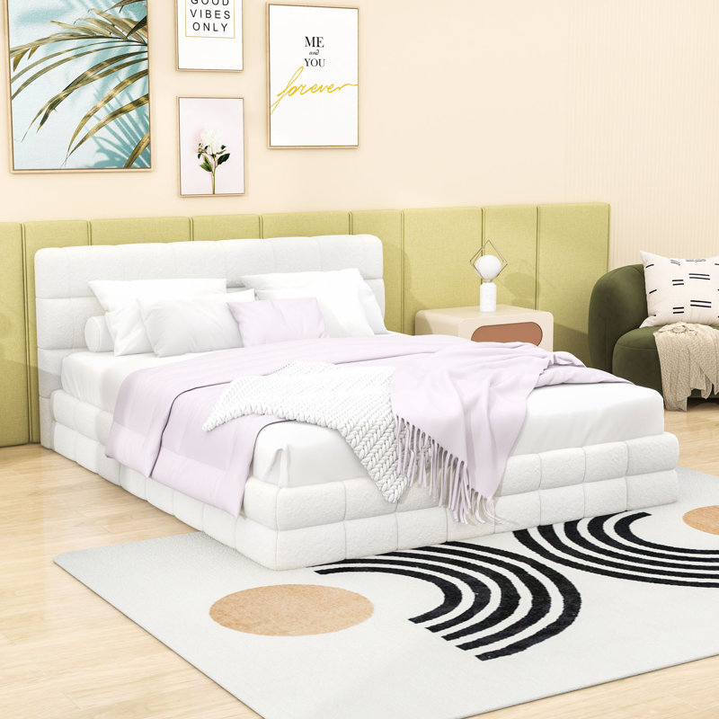 Luxurious Queen Size Upholstered Platform Bed with Headboard, White