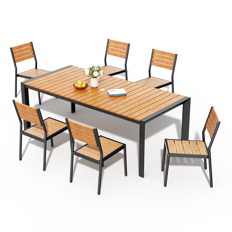 6 - Person 83’’ L Rectangular Aluminum Dining Set with Stackable Chairs, Brown/Black