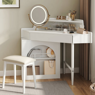 Bureau de coiffeuse de coin avec miroir et lumières à DEL, ensemble de coiffeuse moderne avec miroir et tabouret, coiffeuse avec grand rangement pour petite place, miroir pliant réglable en luminosité, blanc