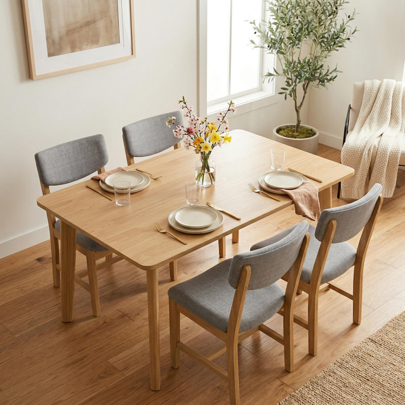 Ensemble de salle à manger 5 pièces - Table en bois massif et chaises rembourrées, Naturel