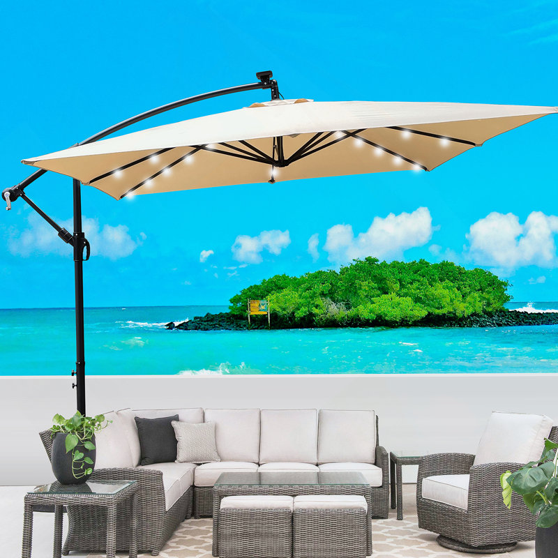 Parasol de patio extérieur à énergie solaire à DEL avec manivelle et traverse, Tanné