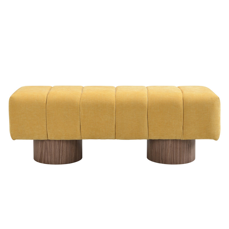 Yellow Chenille Upholstered No-Assembly Dining/Entry/Bedroom Bench Ottoman With Wood Legs & 300 LBS Capacity, Yellow