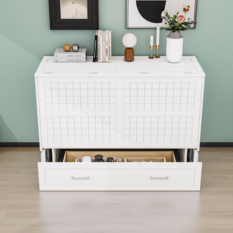 Grand lit escamotable en bois avec 1 tiroir et tablettes de chevet