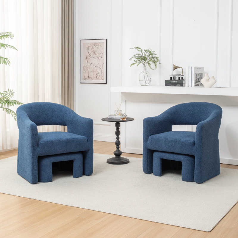 Fauteuil demi-tonneau avec repose-pieds, Fausse fourrure bleu marine