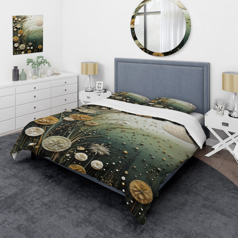 Ensemble de housse de couette vert et jaune à motif de plantes botaniques abstraites 3 - Tachisme