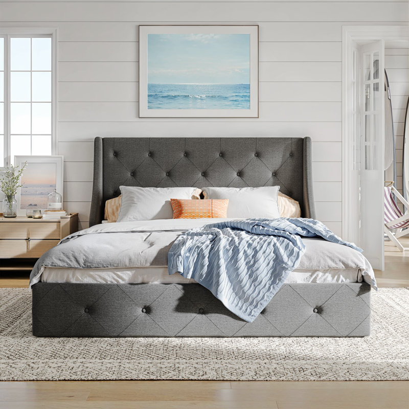 Brij Modern Upholstered Platform Bed， Linen Storage Bed Frame with Wingback Headboard, No Box Spring Needed,Queen bed,Dark Gray