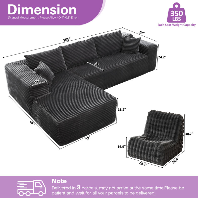 Cozza Sectional Sleeper Sofa, Convertible Compression Couch With Bean Bag Chair For Living Room, Gray, Left Hand Facing