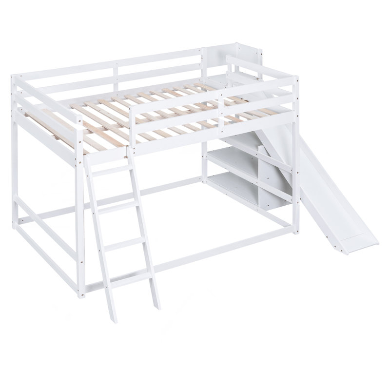 Lit superposé double avec échelle, glissade et tablettes, blanc, Blanc