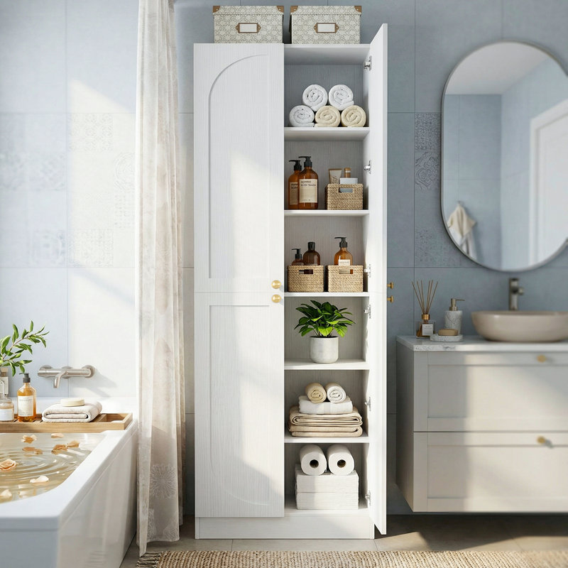 Armoire de rangement Arch 23,6 po - 4 portes en bois, tablettes réglables, autoportante pour la salle à manger / salon, Blanc