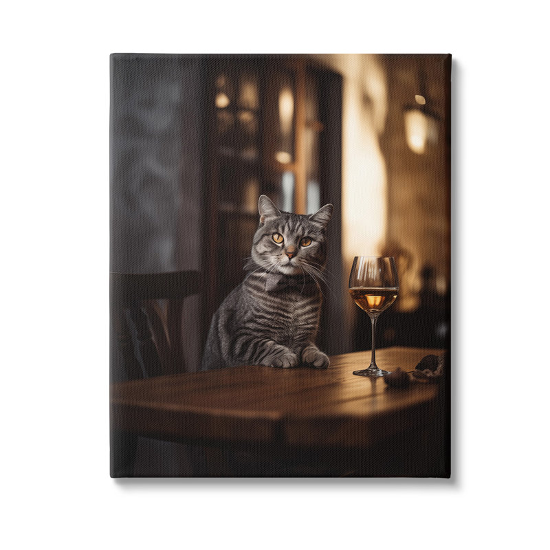 «Classy Cat with Wine», art mural sur toile par Ziwei Li, H 30 po x l 24 po