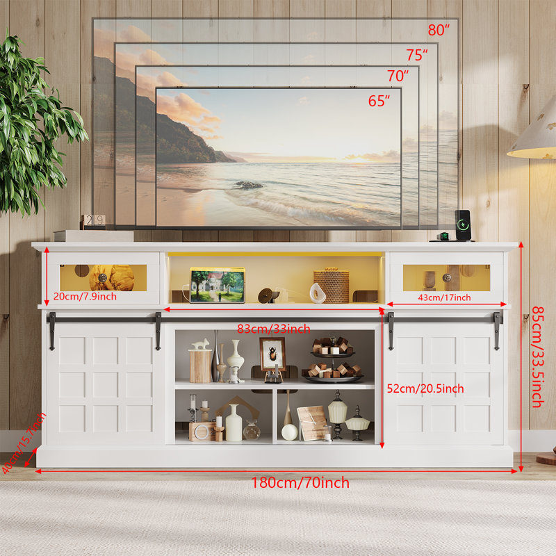 70'' Fluted TV Stand with Charging Station , Entertainment Center For Tvs Up To 80", Tall TV Stand with Metal Legs Design for Living Room, Bedroom