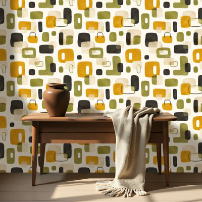 Peel and Stick Wallpaper Contact Paper Mid Century Modern Abstract Geometric Olive Mustard Self Adhesive and Removable 17.7in x 118in(45x300cm)