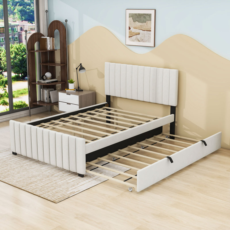 Lit plateforme double en velours avec lit gigogne, Beige