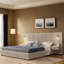 Structure de lit grand format avec revêtement en chenille beige, conception plissée, tête de lit, table de chevet et support stable pour un sommeil réparateur - pas besoin de sommier tapissier Confortable style simple et moderne