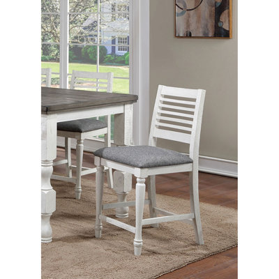 Chaises de salle à manger à hauteur de comptoir blanc antique gris, 2 pièces, bois massif, coussins en tissu, pieds tournés, dossier, chaises rustiques pour Intrigue 2 pièces et gris, utilisation à l'arrière
