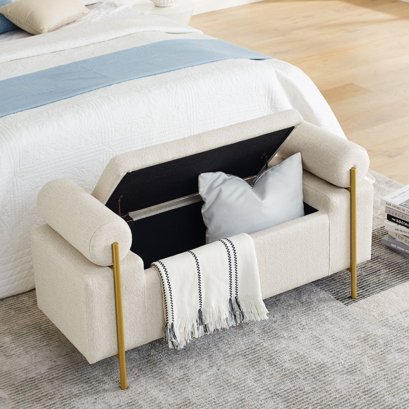 Luxury Elegant Upholstered Linen Storage Bench with Cylindrical Arms and Iron Legs for Hallway, Beige