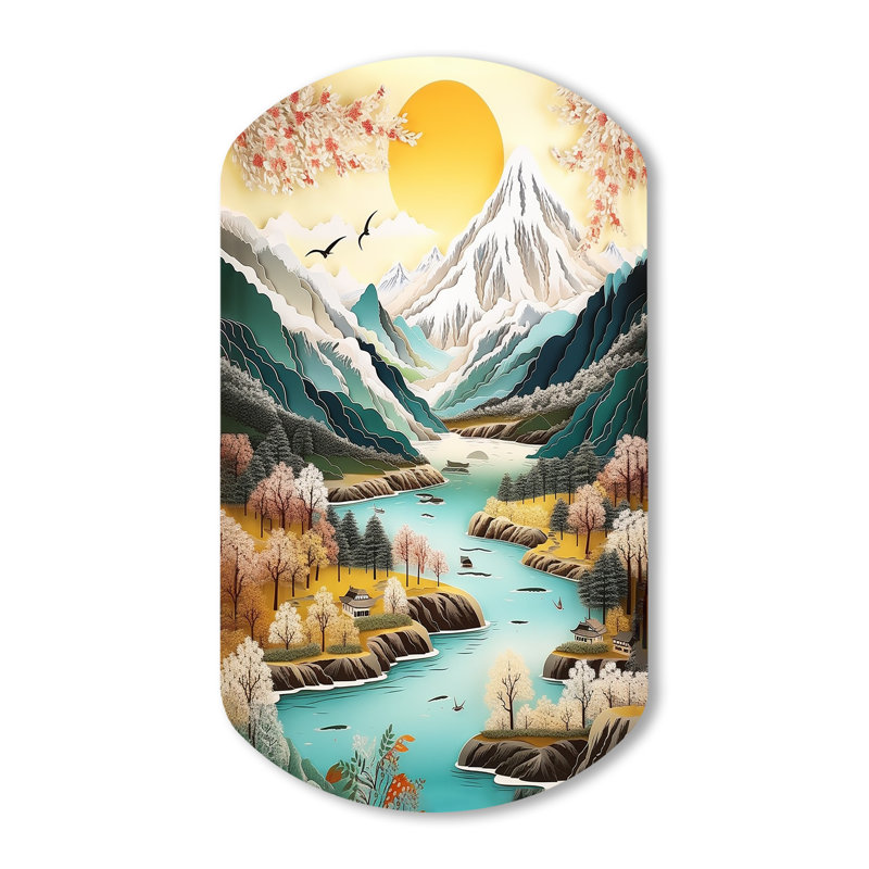 «Snow Covered Mountain Peaks I - Cylinder Landscape Japon Art mural, reproduction de sculpture murale asymétrique en métal
