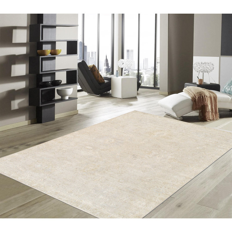 Oushak Hand-Knotted Beige Wool Area Rug