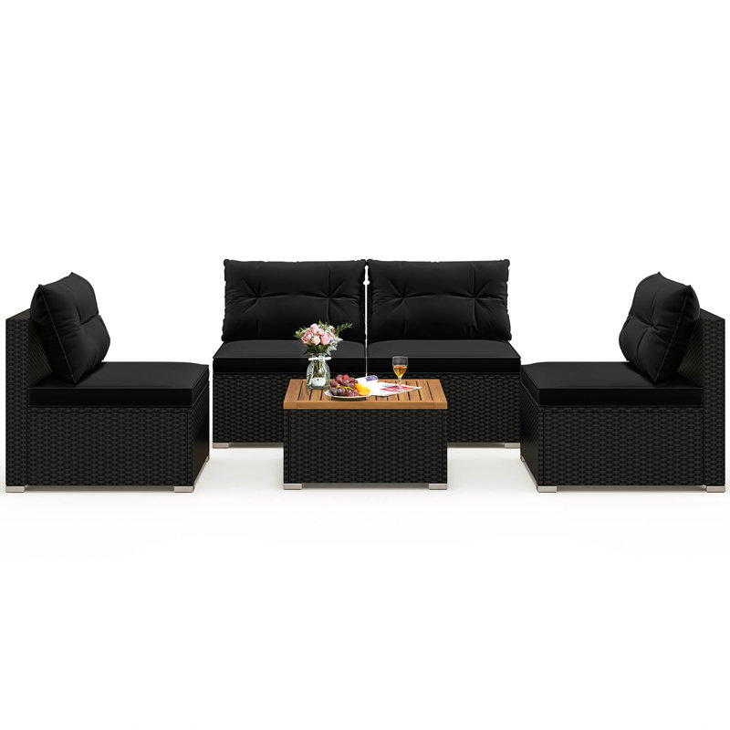 5 PCS Rattan Sofa Set Outdoor Wicker Furniture Set w/ Back Cushions & Square Coffee Table, Black
