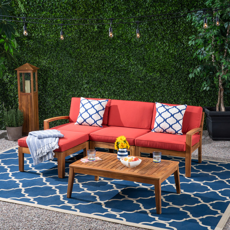Canapé modulaire d'extérieur en L avec table basse, repose-pieds, bois d'acacia, rouge