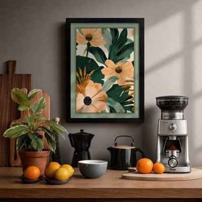 Peach Daisies and Foliage Botanical - Framed Print