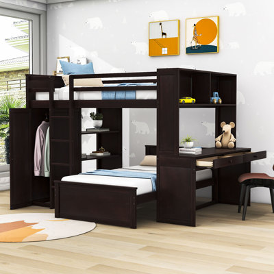 Sherise Kids Full Over Twin 2 Drawers Wooden Bunk Bed with Shelves, Desk and Wardrobe -  Harriet Bee, 788AC32DF85E4A64AD59E6F20381E054