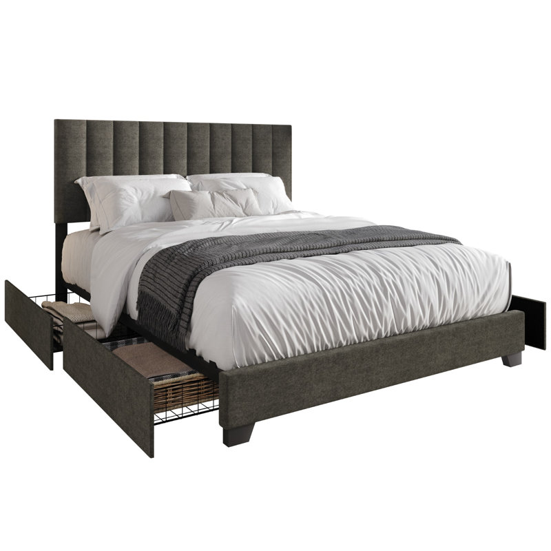 Lit plateforme tapissier avec rangement Kocis, Gris, Très grand