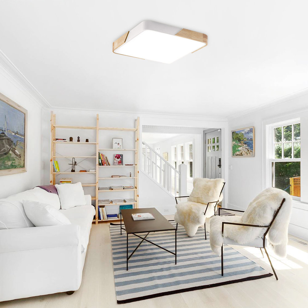 40cm LED Dimmable Flush Mount, Modern Square Ceiling Light with Wood Accent