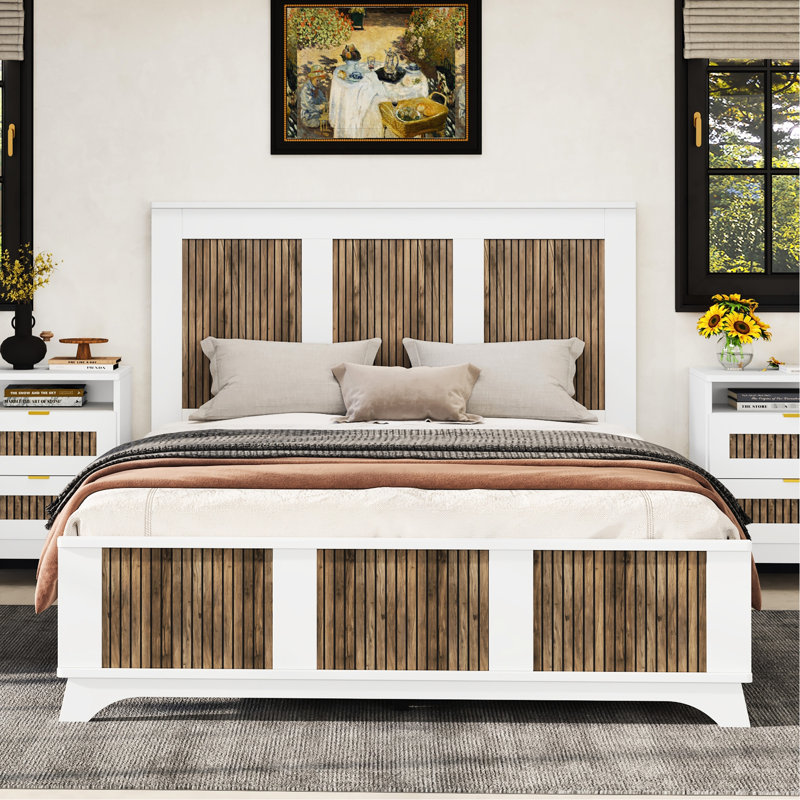 Grand lit plateforme en bois, blanc avec bande, lattes en contreplaqué, capacité de charge de 700 lb, sans splendeur de sommier moderne