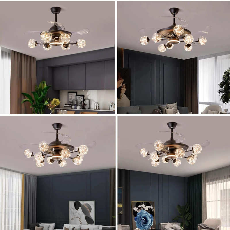 Modern 10-Light Chandelier with Fan Black Fandelier with Remote for Living