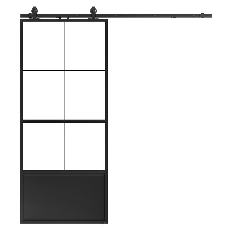 Porte de grange en métal et en verre de 84 po avec quincaillerie d'installation (incluant la fermeture en douceur), Clair
