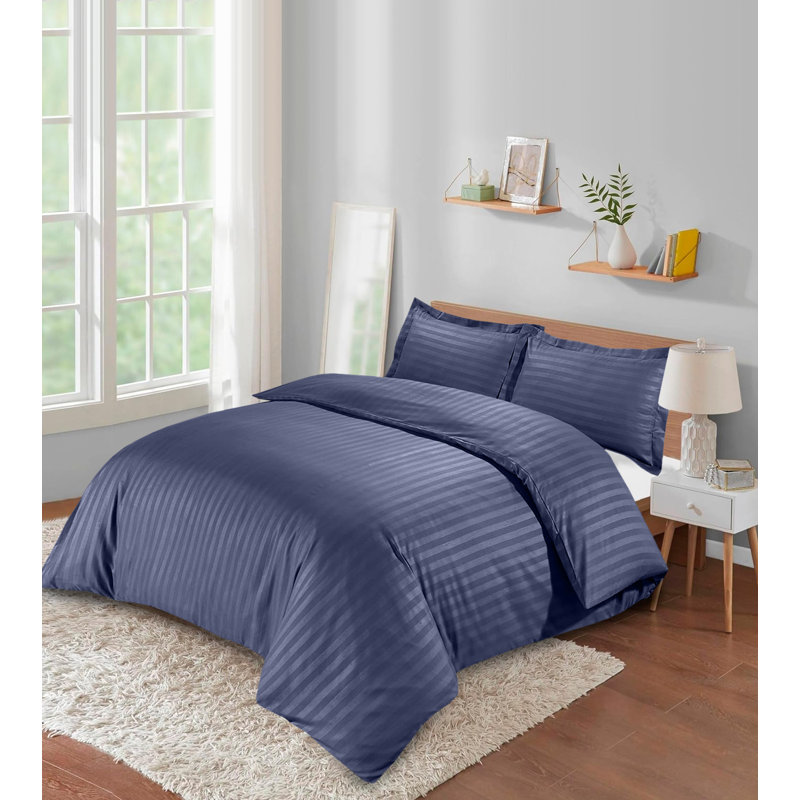 Microfiber/Polyester Striped Duvet Cover Set with Fitted Sheet Pillowcases , Blue, King Duvet Cover