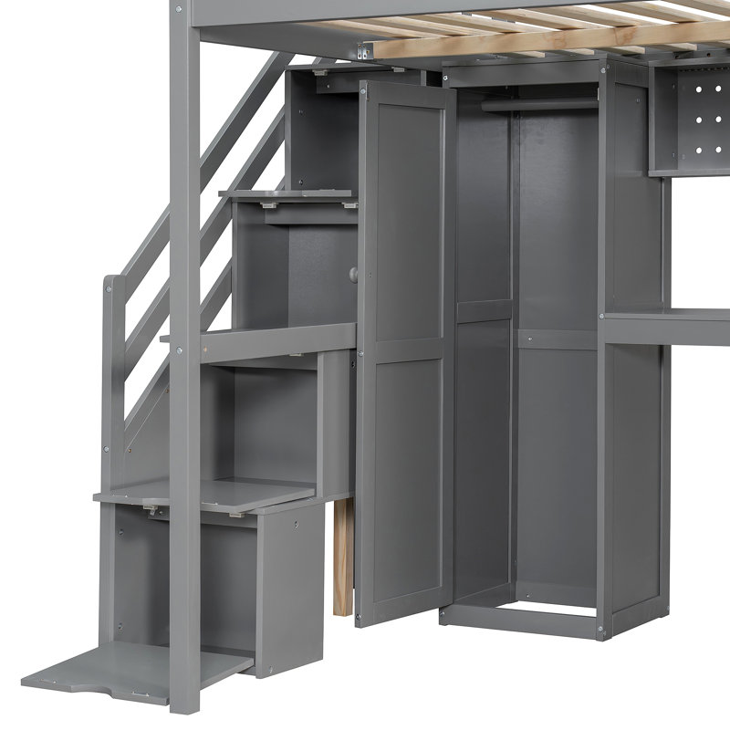 Structure de lit mezzanine avec garde-robe intégrée, bureau d'étude, tablettes et lumières de rangement, conception peu encombrante pour la chambre à coucher
