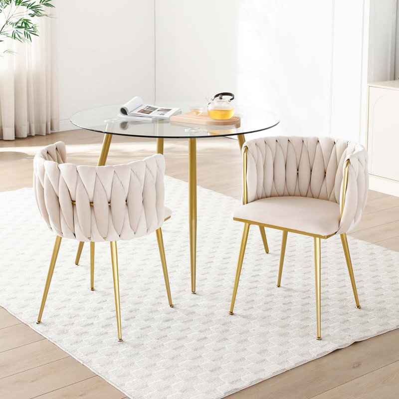 Ensemble de 2 chaises de salle à manger en velours moderne avec dossier tissé et pieds en métal doré