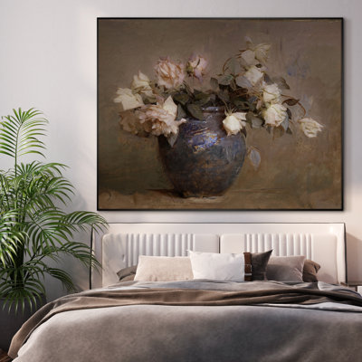 Art mural rétro dans un vase bleu rétro, impression de nature morte florale impressionniste pour le décor de chambre à coucher, très grand art mural encadré (assemblage requis)