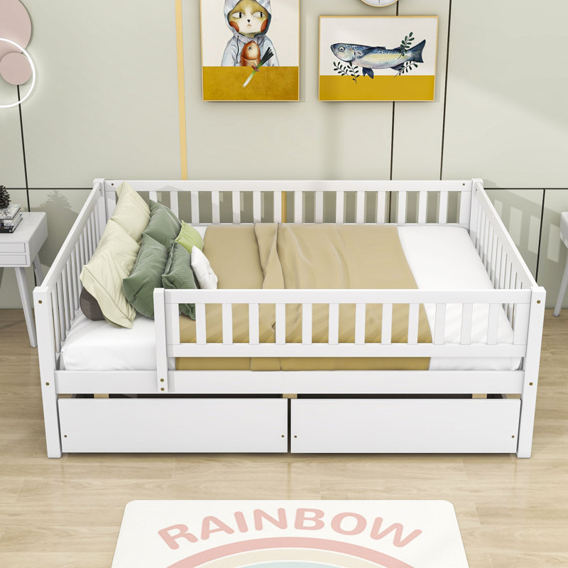 Full Size 2 Drawers Wooden Daybed with Fence, White