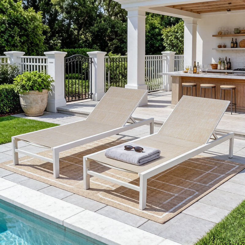 Gerber 77.5" Long Reclining Chaise Lounge Set, White/Beige