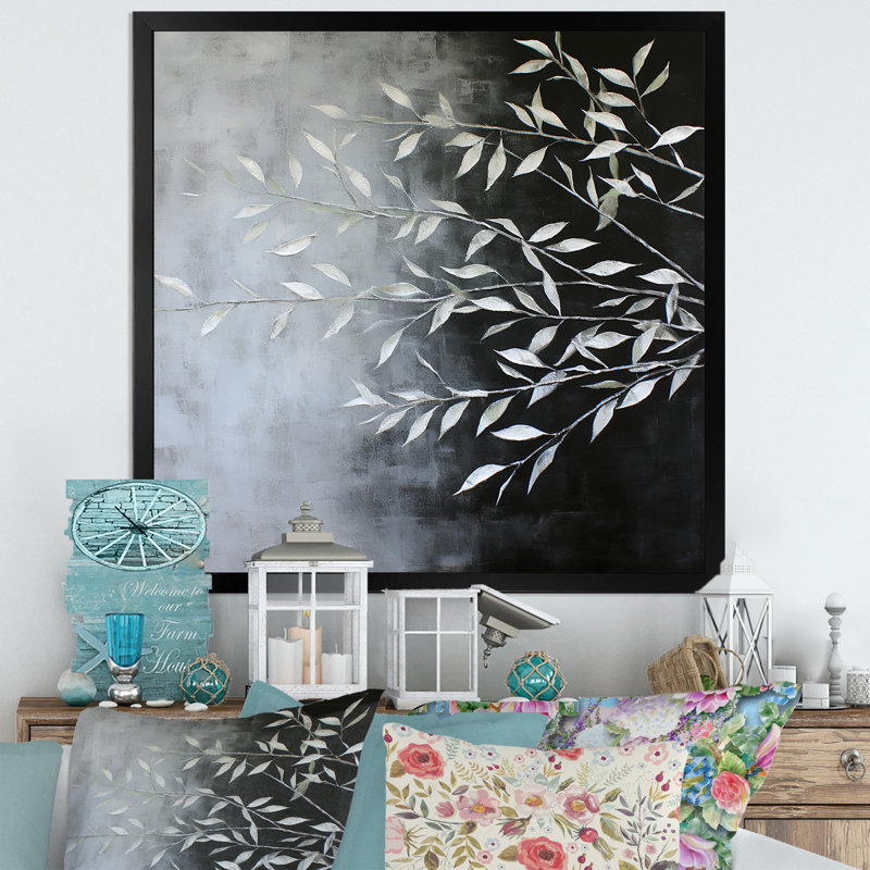 Feuilles de saule en blanc - reproduction sur toile, H 30 po x l 30 po x P 1 po, Cadre simple noir