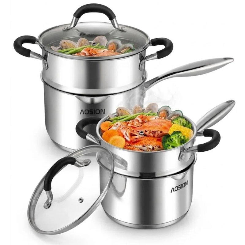 Casserole en acier inoxydable de 2,5 + 3,5 pintes avec panier à vapeur, petites casseroles pour la cuisson, poêle à vapeur avec bec verseur, couvercle en verre à passoire, parfaite pour les légumes, les pâtes, les nouilles