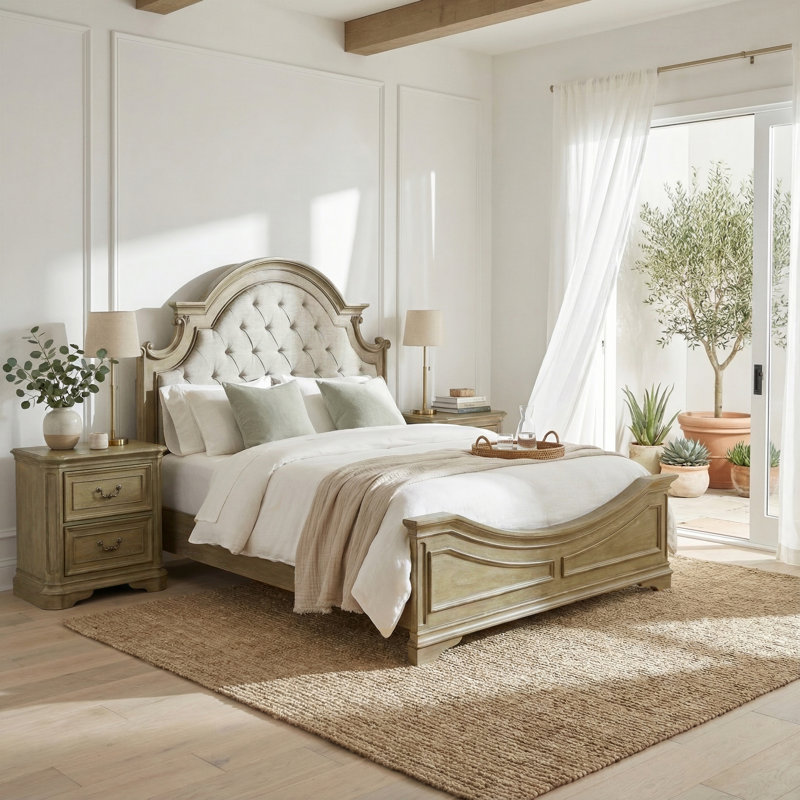 Colchester Queen Upholstered Bed & Two Nightstands Bedroom Set, Tan/Brown, Queen