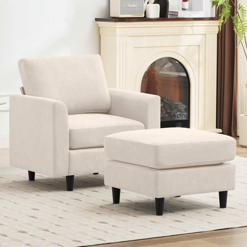 Brannen 35" Upholstered Single Accent Chair With Armrest And Moveable Ottoman Black Legs, Beige Fabric