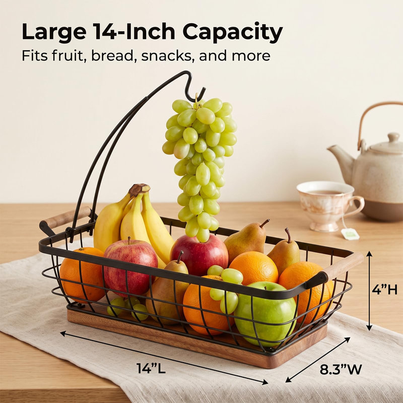 Panier à fruits rectangulaire avec support à banane, bol à fruits en métal avec base en bois, organisateur de table de cuisine, bol à fruits noir pour comptoir de cuisine, bols à légumes pour fruits, légumes, collations.