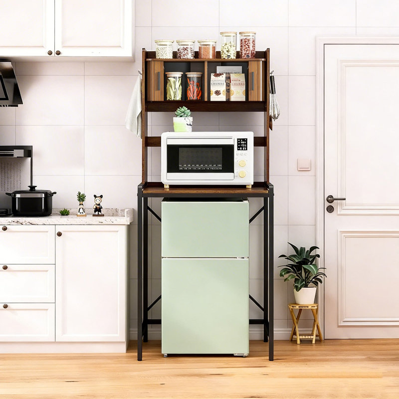 Mini Fridge Stand With Storage, Microwave Stand With Hooks, 4-tier Mini Fridge Cabinet