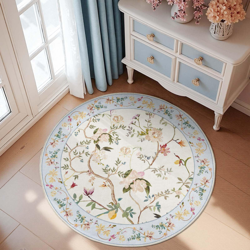 Chinoiserie Vintage Floral Rug Washable Non-slip, Round 4', Blue/Pink