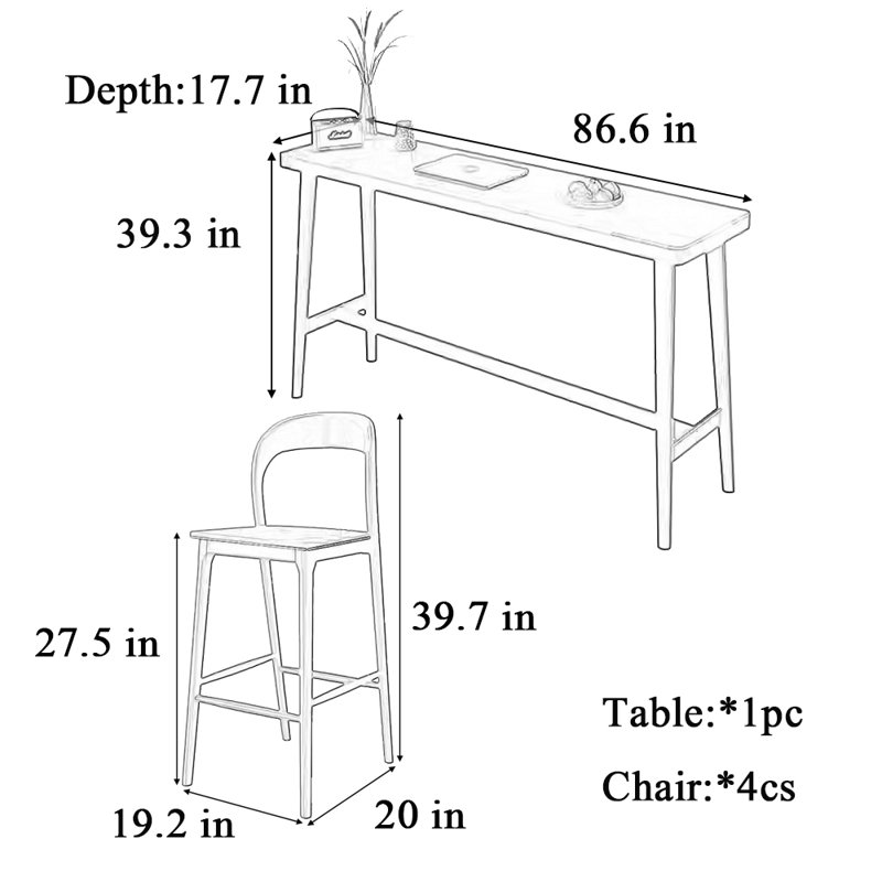 Tables et chaises de bar simples et modernes en bois massif, H 39,3 po x L 86,6 po x l 17,7 po