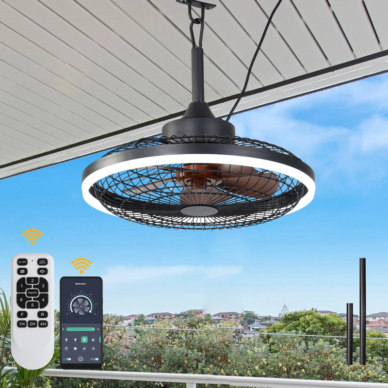 Ventilateurs de plafond extérieurs intelligents 20 po avec lumières et télécommande / commande APP, ventilateur de pavillon moderne et imperméable à brancher noir pour patio