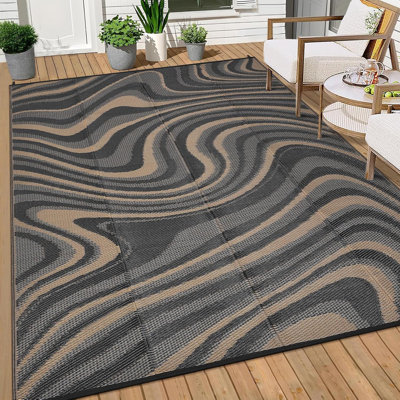 8X10 Outdoor Rug, Waterproof Camping Rugs For Outside Your RV, Abstract Plastic Straw Rug With Portable Bag, Reversible UV Resistant Mats For Picnic Backyard Porch Camper, Black Coffee