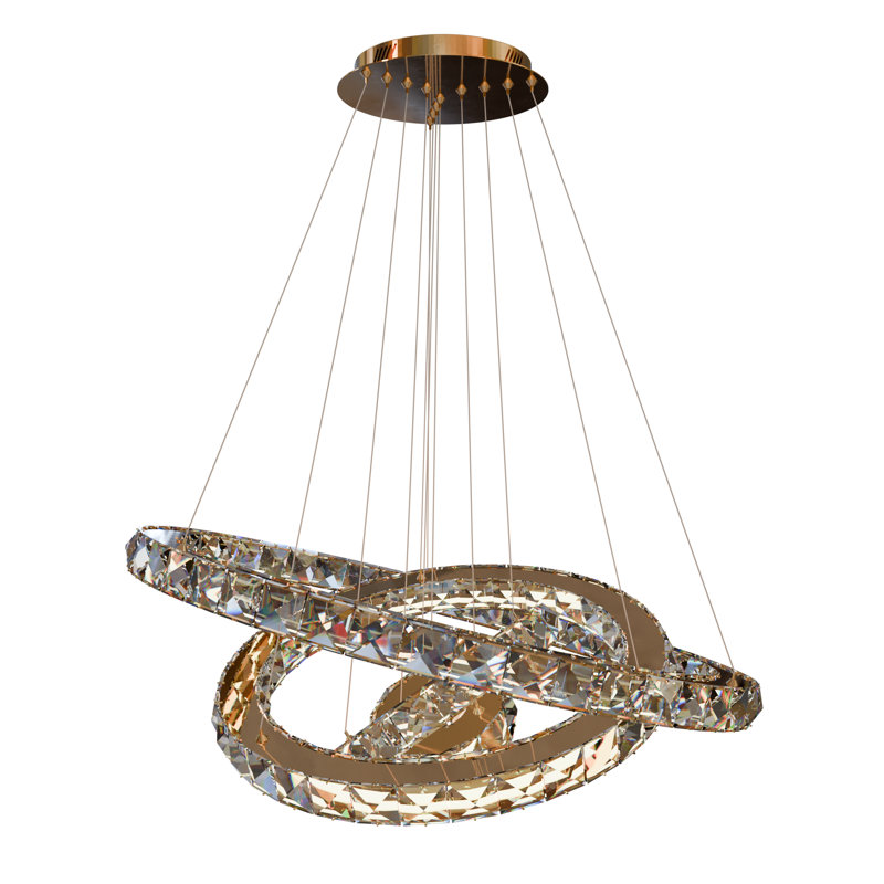 Bierly 4 - Modern LED Crystal Chandelier – Adjustable Stainless Steel Gold Ceiling Light with Rings, 30cm H x 70cm W x 70cm D