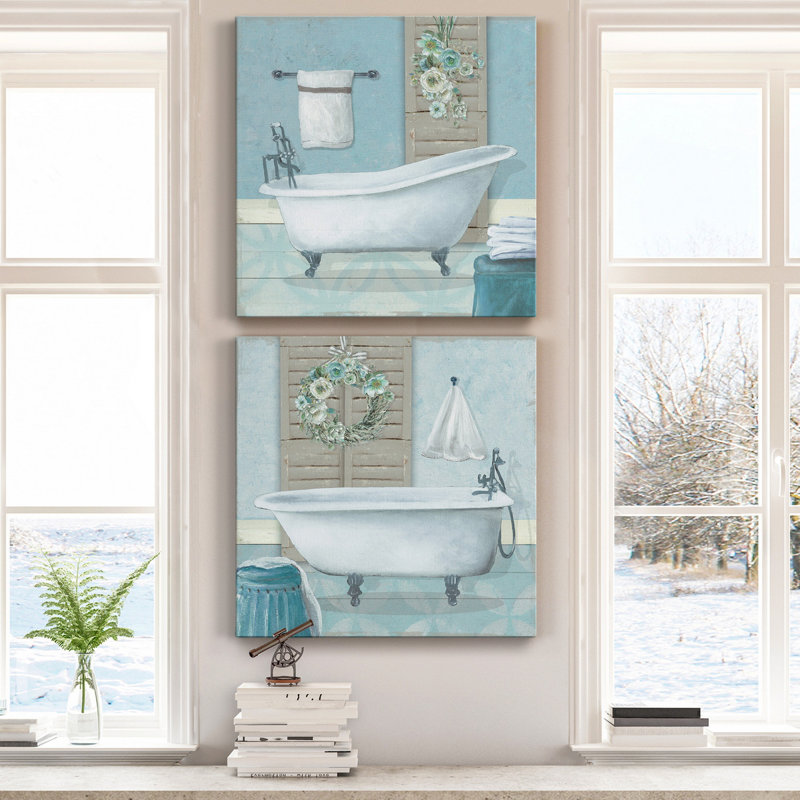 «Teal Bath I», ensemble de 2 reproductions d'art sur toile tendue, H 24 po x l 48 po x P 1 po