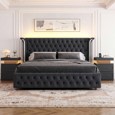 Ellaville 3 Piece Queen Size Bedroom Set, Velvet Upholstered Deep Button Tufted Platform Bed with LED Wall Washer Lighting, Modern Wood Platform Bed Frame and Nightstand Set (Set of 3)